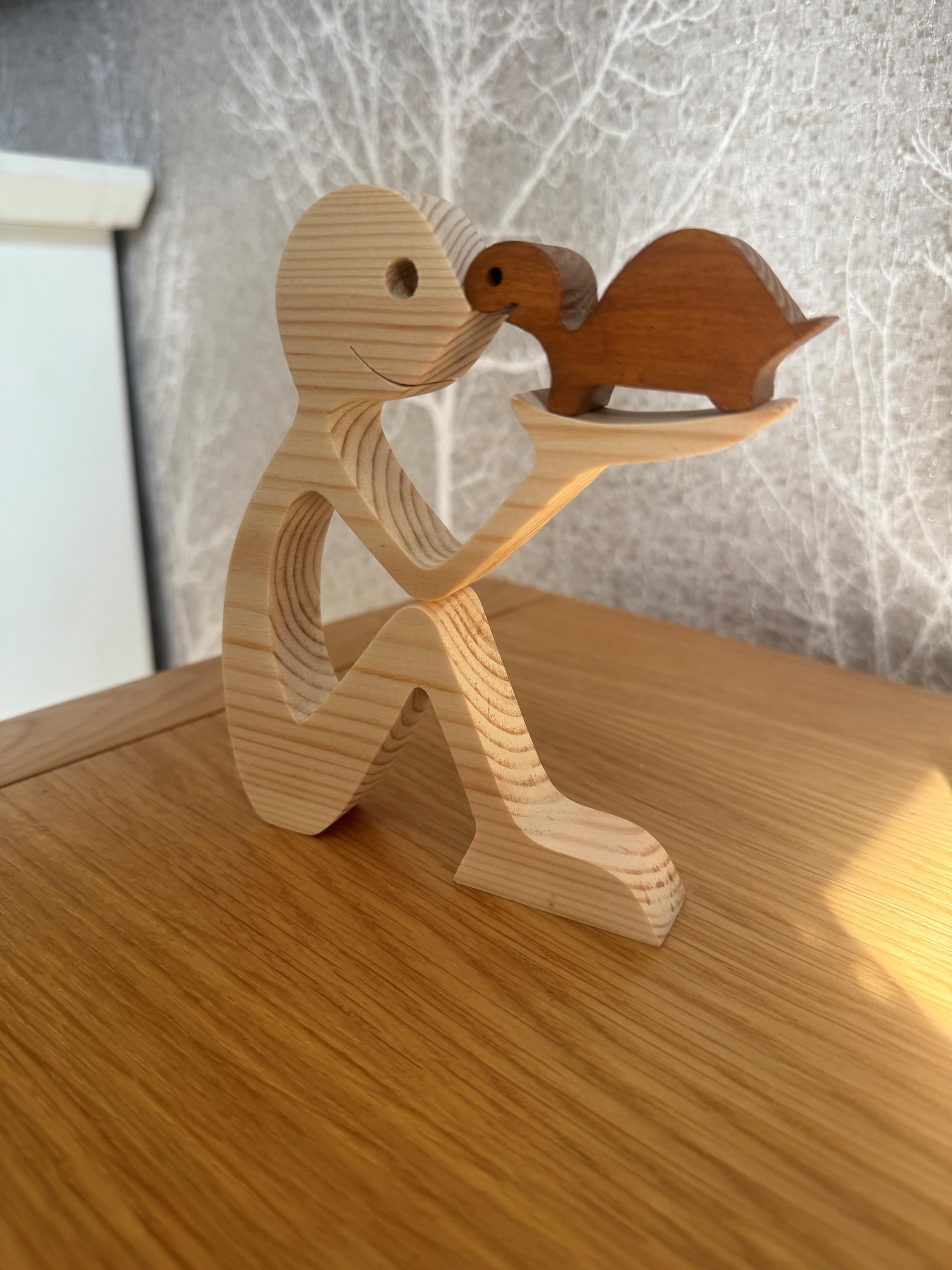 Man and Tortoise, Unique, Wooden figure, Hand made, Gift,  Craftmanship, Animal, Present