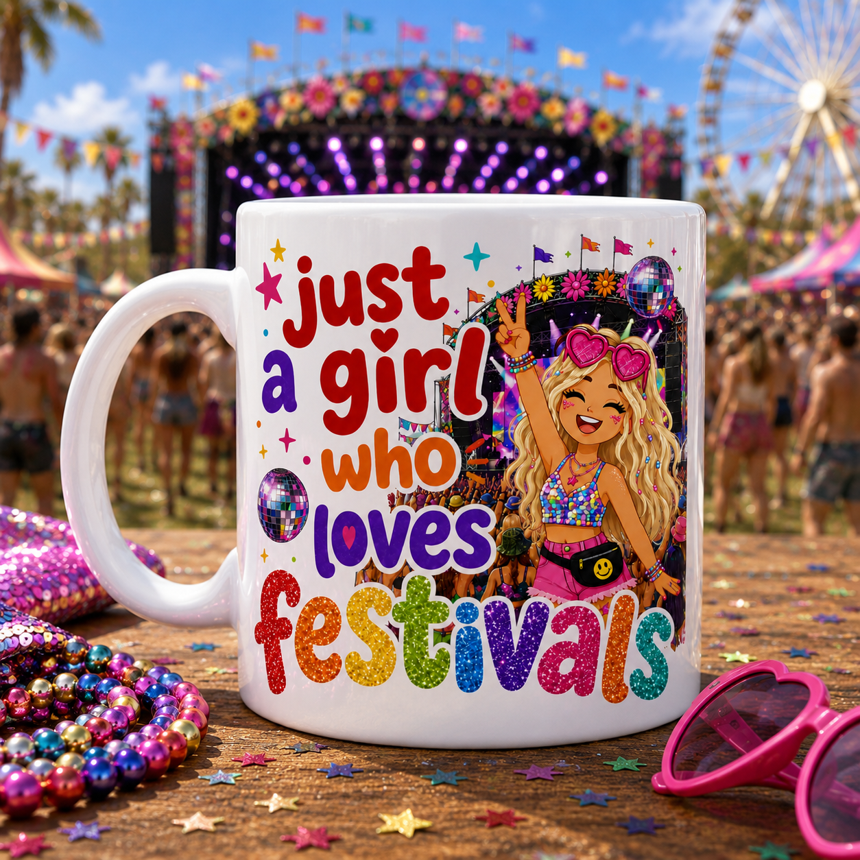Just A Girl Who Loves Festivals Mug – Blonde or Brown Hair Option – Festival Lover Gift – Colourful Glitter Style Coffee Mug – Music Festival Cup, 11oz