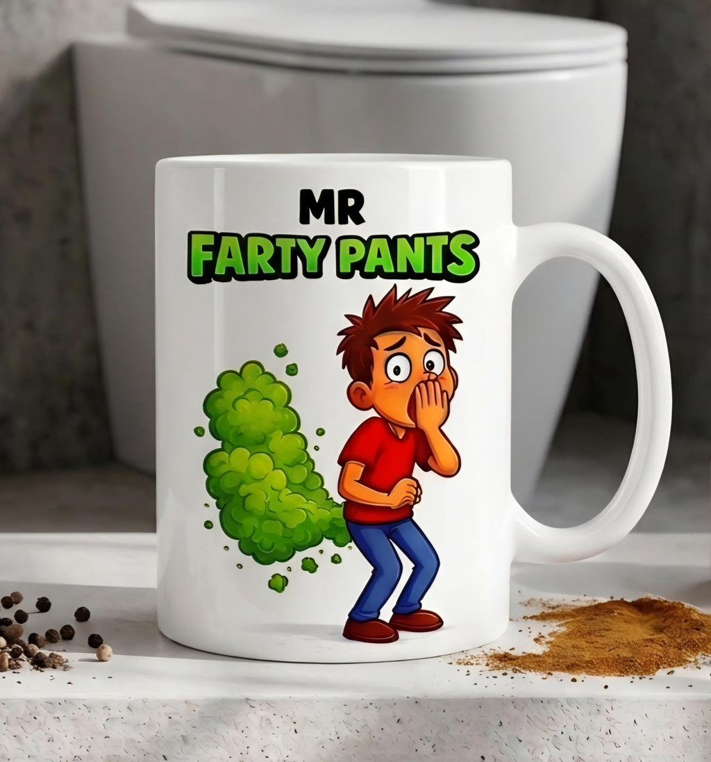 Mr. Farty Pants Mug, Funny Toilet Humor Gift, Personalised Mug
