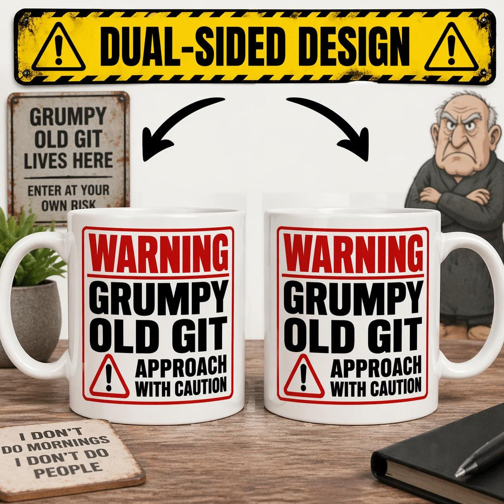 Personalised Warning Grumpy Old Git Approach With Caution Funny Mug, Banter, Man, Woman, 11oz Ceramic Coffee Cup