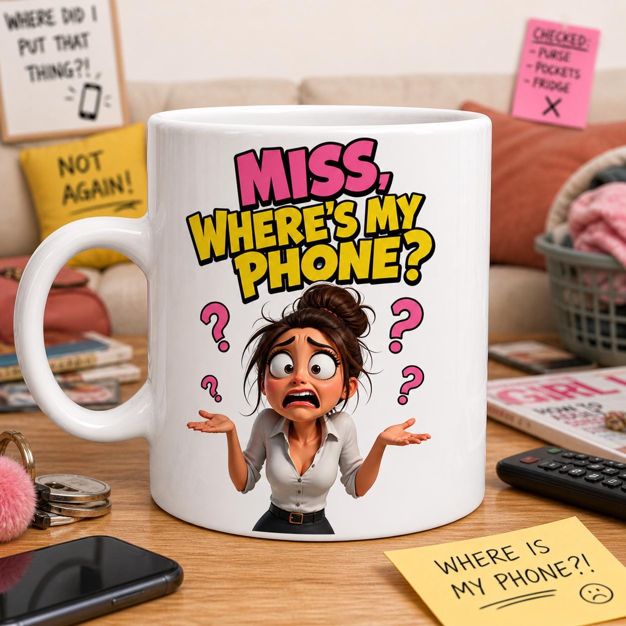 Personalised Miss Where's My Phone Mug: Novelty Gift, Always Loosing Mobile Phone Funny Cup, 11oz