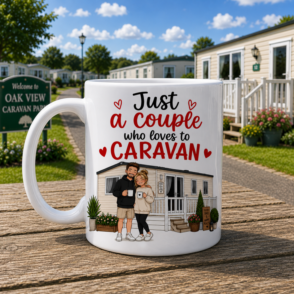 Personalised Funny Caravan Couple Mug – Static Caravan or Touring Caravan Design – Gift for Caravan Lovers – Camping Couple Coffee Mug – UK Made Ceramic Mug 11oz