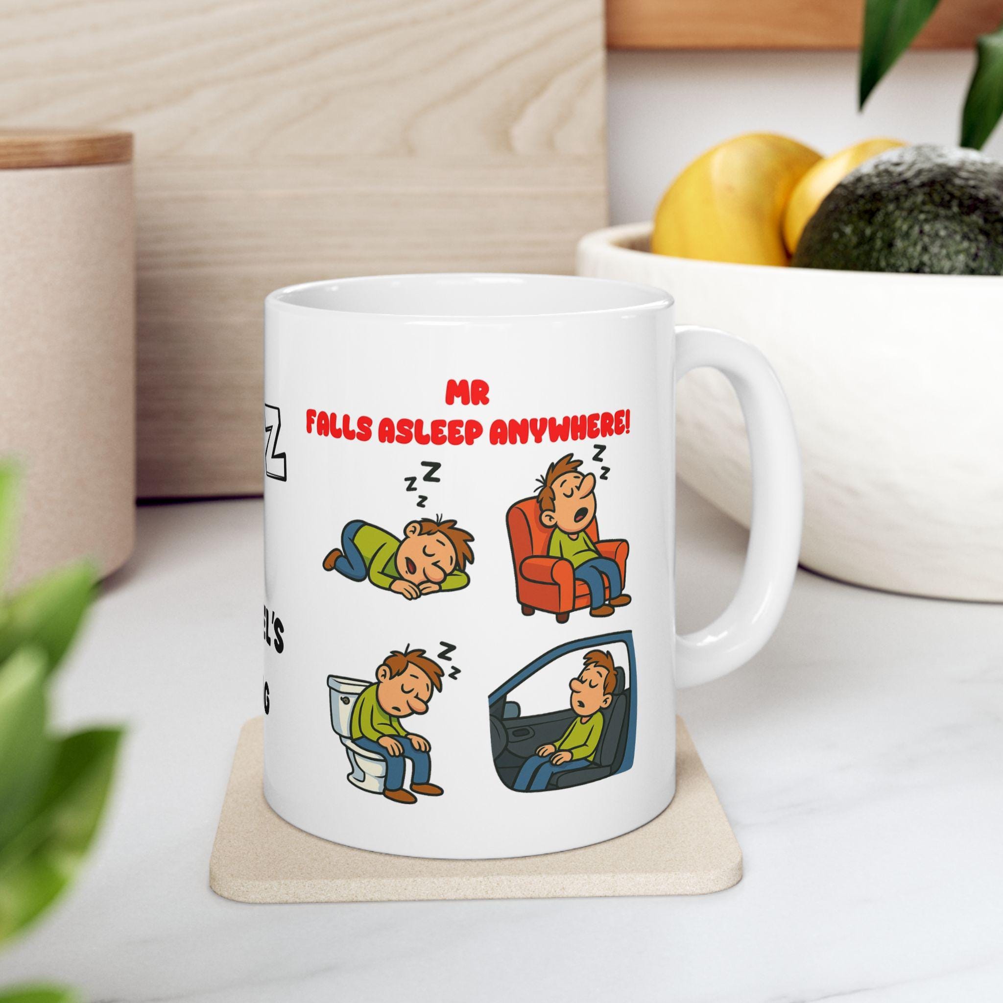 Mr Falls Asleep Anywhere, mug, personalised, fun, man, gift, sleepy