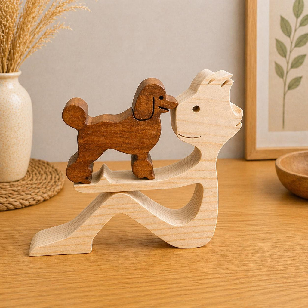 Man and poodle dog, Wooden sculpture, Hand made, Gift, unique, Craftmanship, Animal.