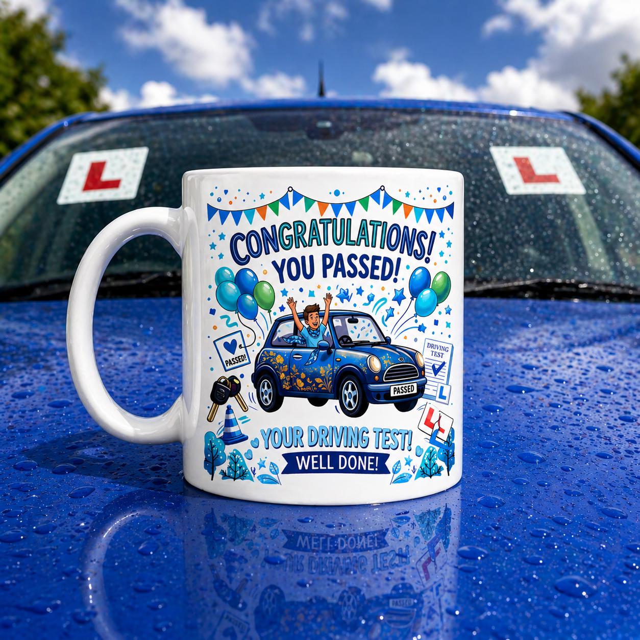 Passed driving test mug, gift, him, New driver, fun, car, personalised, blue