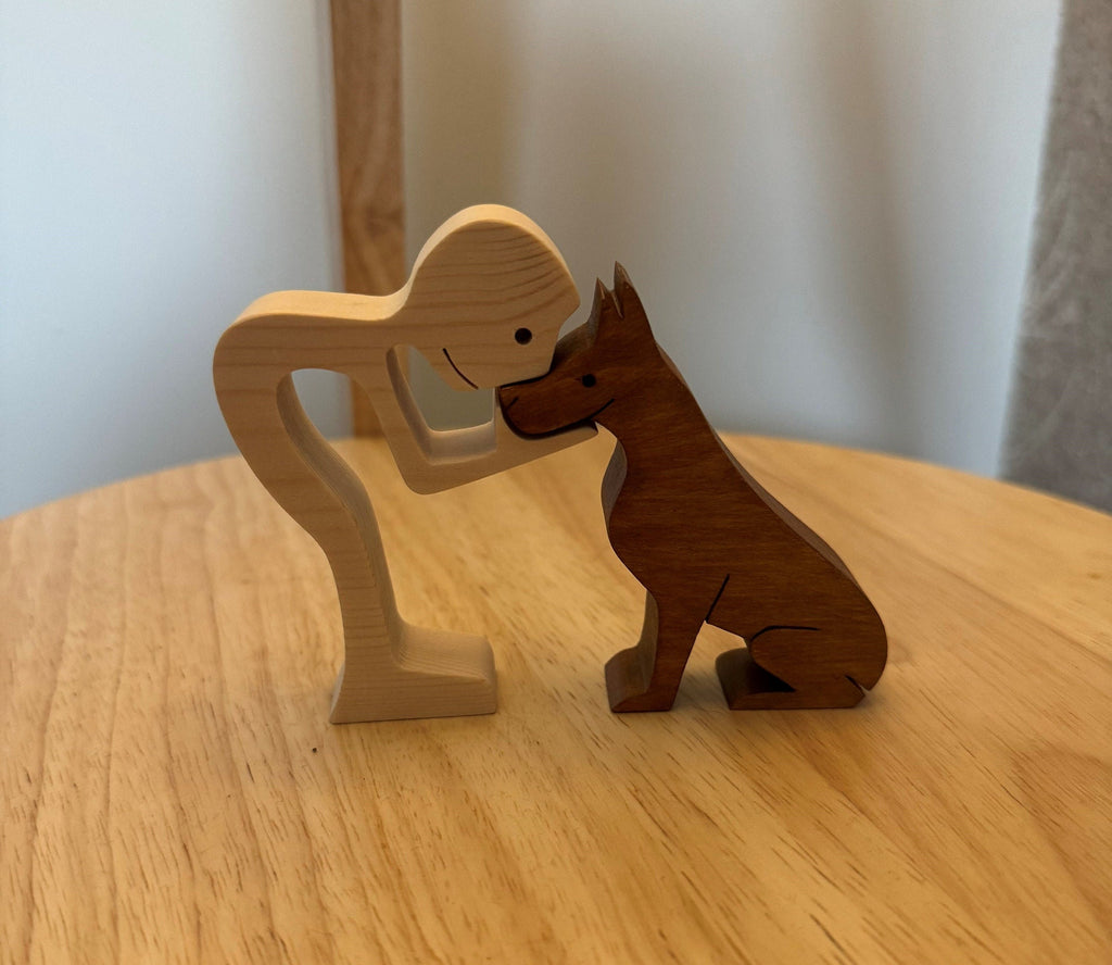 Man and Dog wooden Sculpture. Hand made