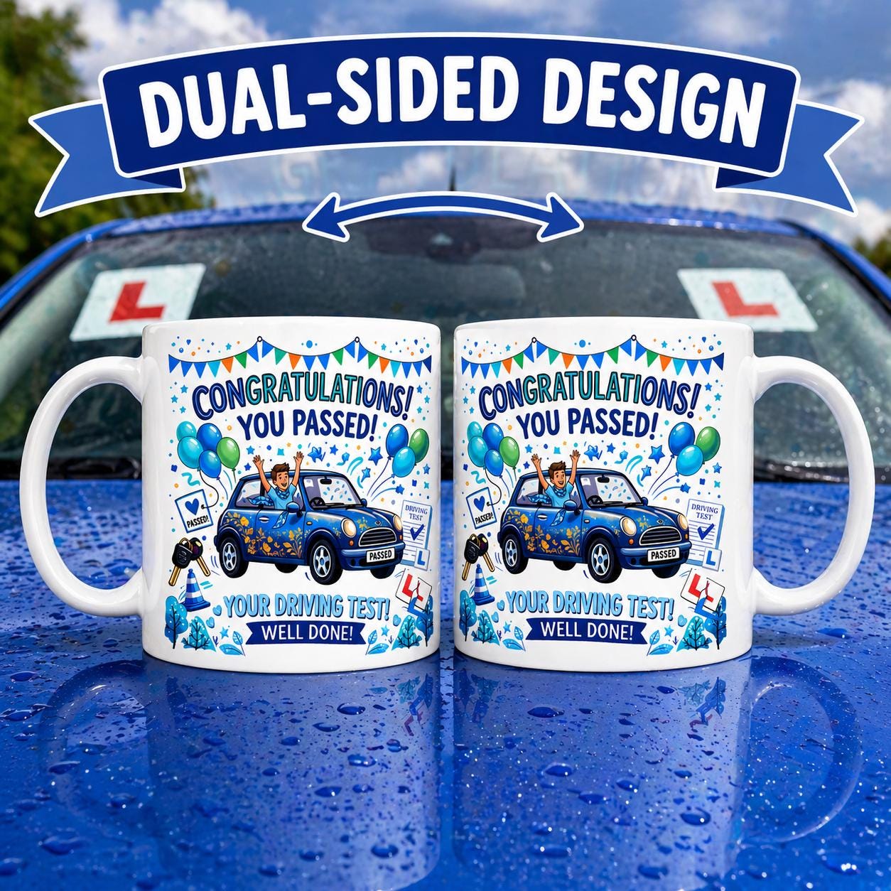 Passed driving test mug, gift, him, New driver, fun, car, personalised, blue