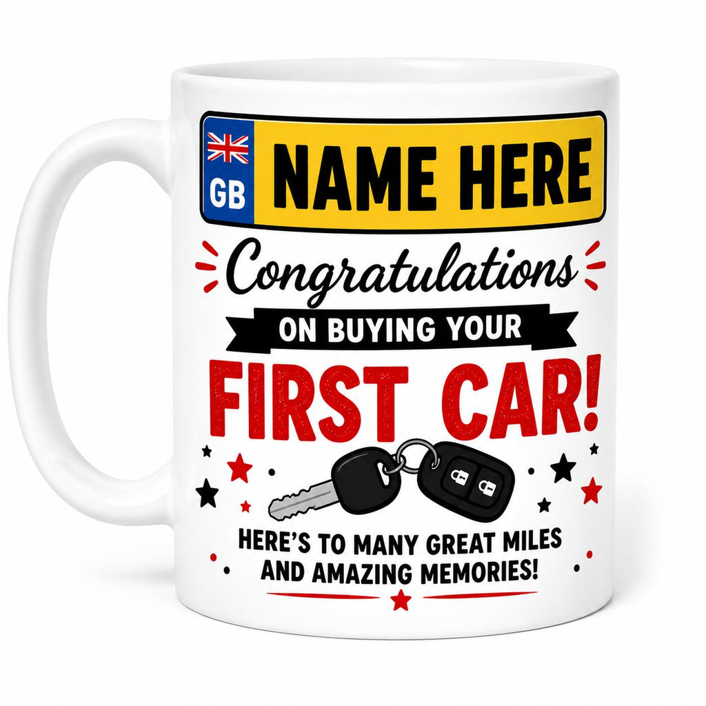 Personalised First Car Mug, Congratulations on Your New Car Gift, Custom Name Number Plate Mug, New Driver Gift, First Car Present 11oz Cup