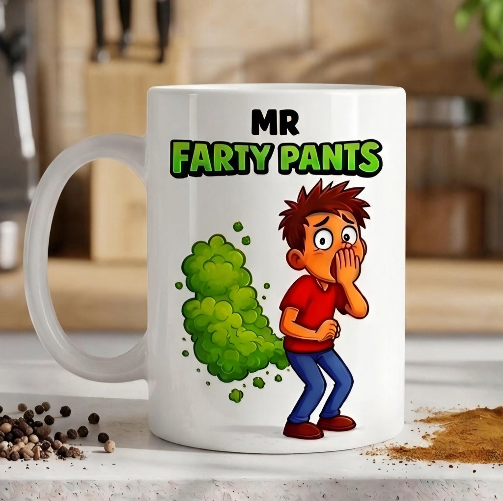 Mr. Farty Pants Mug, Funny Toilet Humor Gift, Personalised Mug