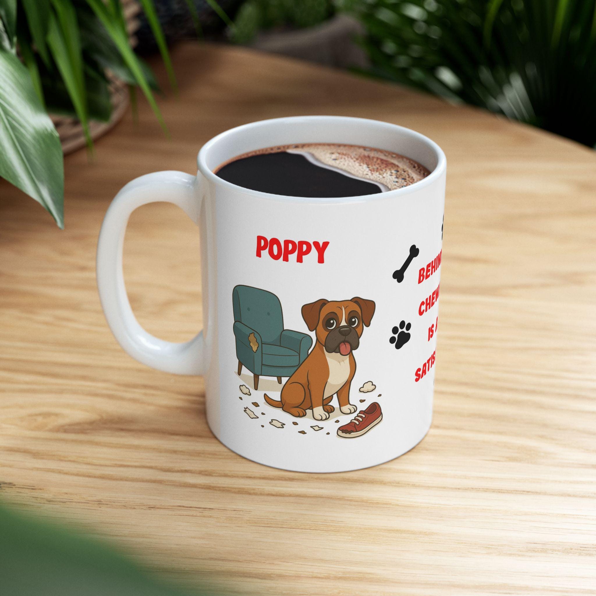 Personalised Boxer dog Mug: chewing shoes quote funny.