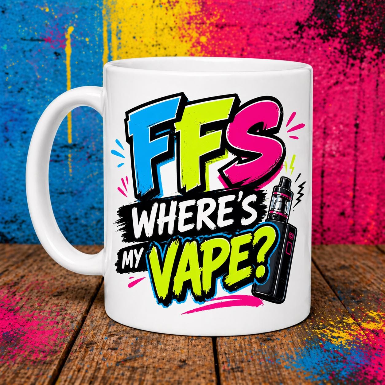 Where's My Vape Quote Colourful Mug, Funny Novelty Gift, 11oz Ceramic Coffee Cup
