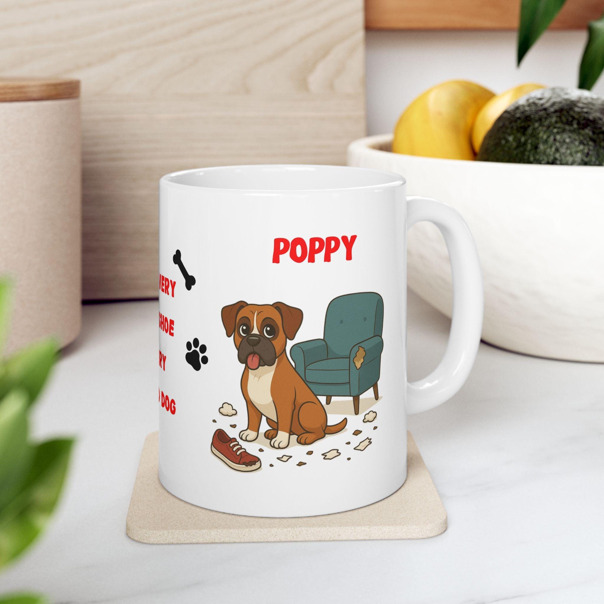 Personalised Boxer dog Mug: chewing shoes quote funny.