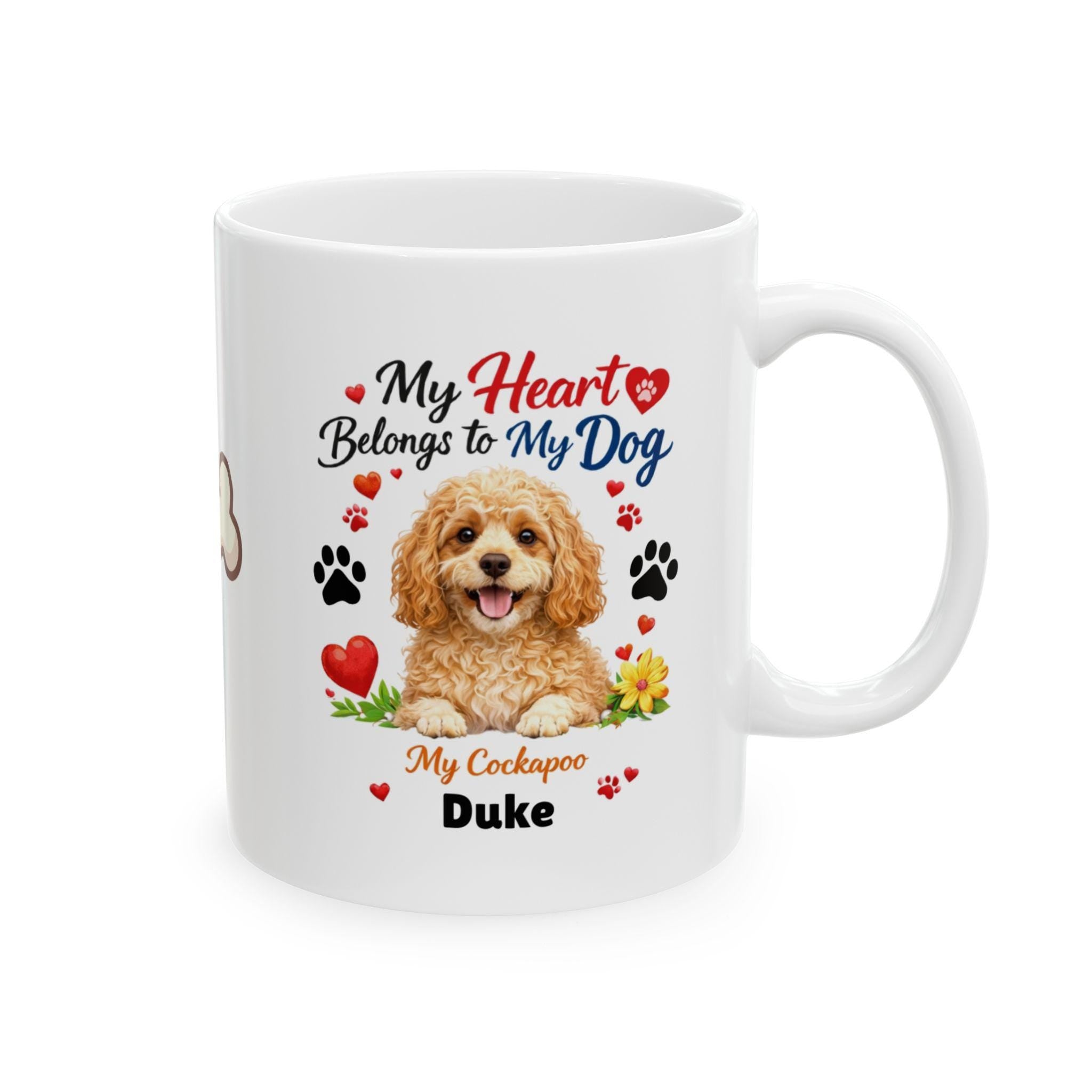 Cockapoo dog mug, my heart belongs to a cockapoo, personalised
