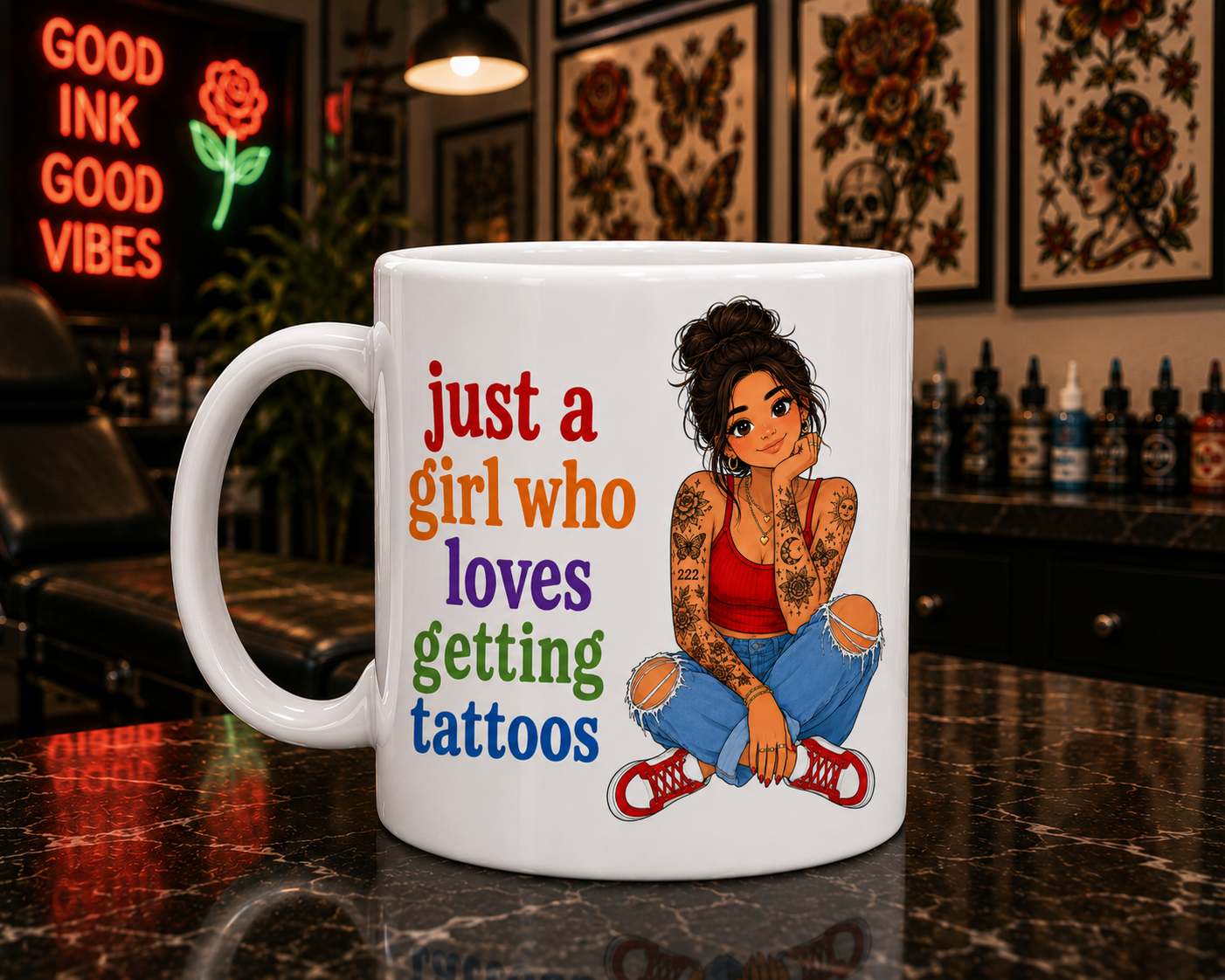 Personalised just a girl who loves getting tattoos, ink, double sided ceramic coffee mug, tattoo lover