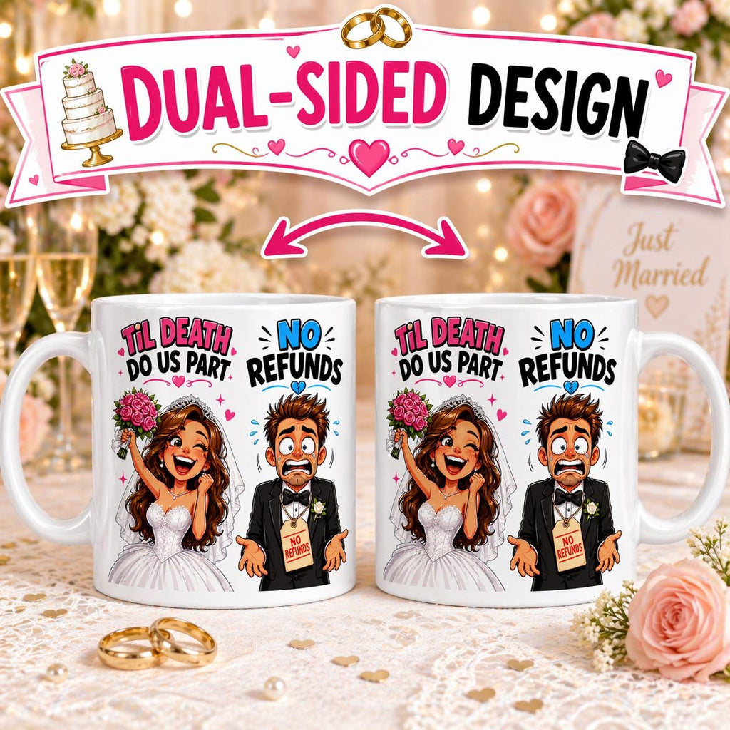 Wedding till death do us part, no refunds, funny, satire, sarcastic, personalised.