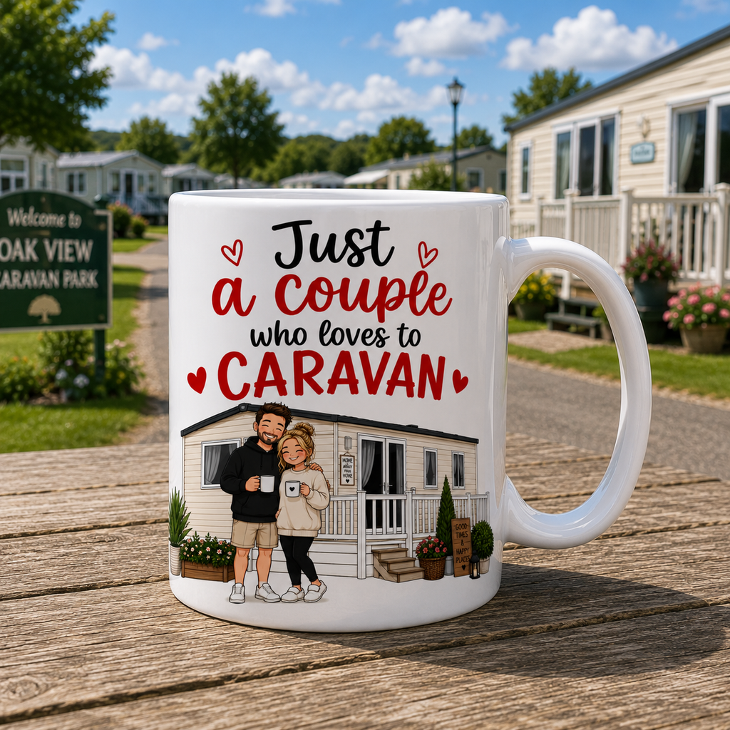 Personalised Funny Caravan Couple Mug – Static Caravan or Touring Caravan Design – Gift for Caravan Lovers – Camping Couple Coffee Mug – UK Made Ceramic Mug 11oz