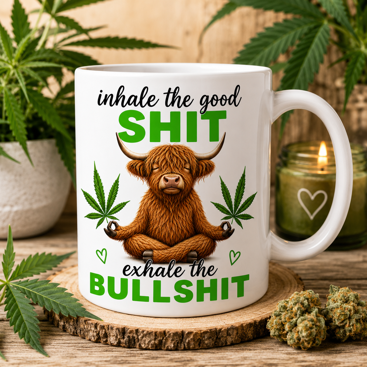 Personalised Inhale the Good Sht, Exhale the Bullsht Mug – Funny Highland Cow Cannabis Coffee Mug | Chill Vibes Novelty Ceramic Cup | Gift for Stoner Friends, Weed Lovers & Cow Lovers | 11oz White Mug