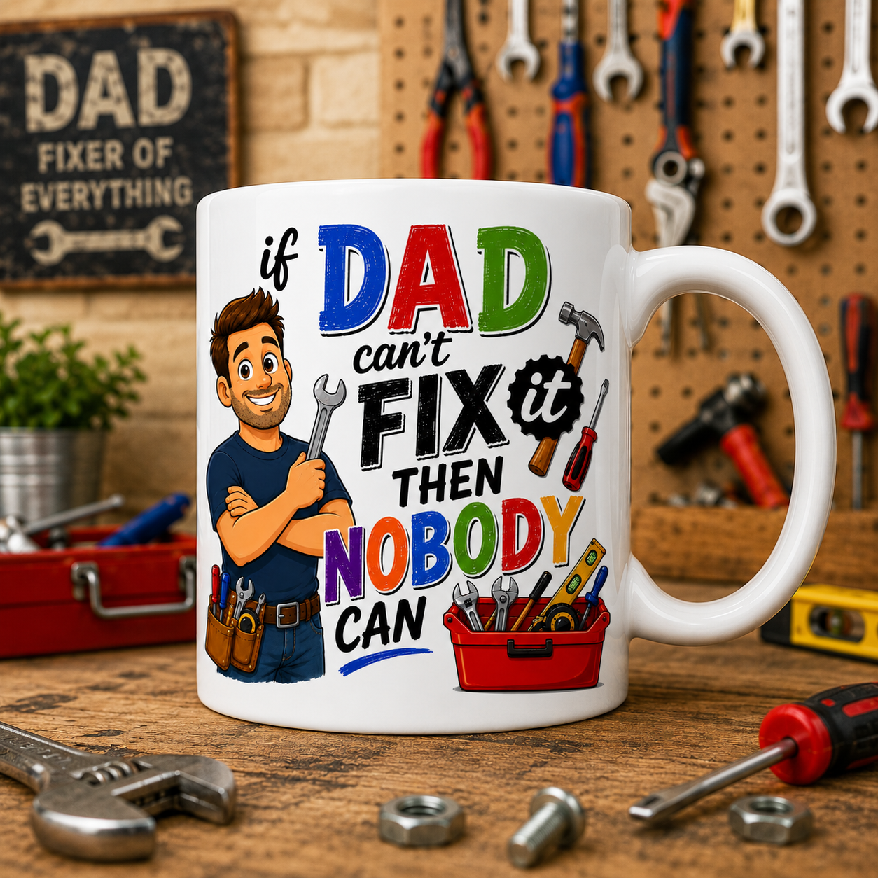 If He Can’t Fix It Nobody Can Mug – Funny Dad & Grandad DIY Coffee Cup – 11oz Ceramic Tool Lover Gift