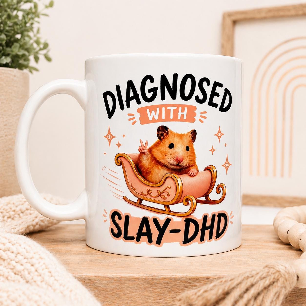 Diagnosed with Slay-DHD Hamster in Pink Sleigh Mug for Animal Lovers and Coffee Enthusiasts Funny Cup 11oz Ceramic ADHD Gift