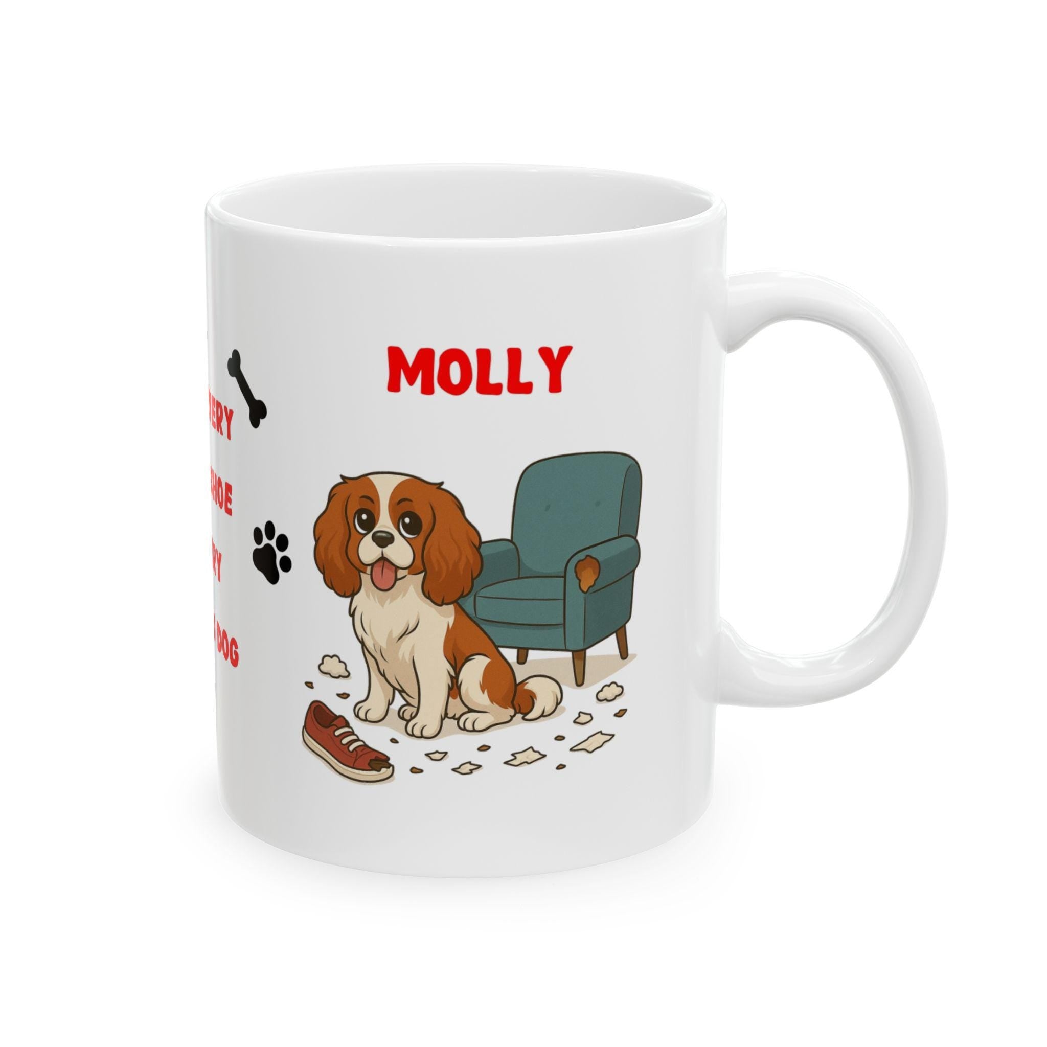 Personalised Cavalier King Charles dog Mug: chewing shoes quote funny.