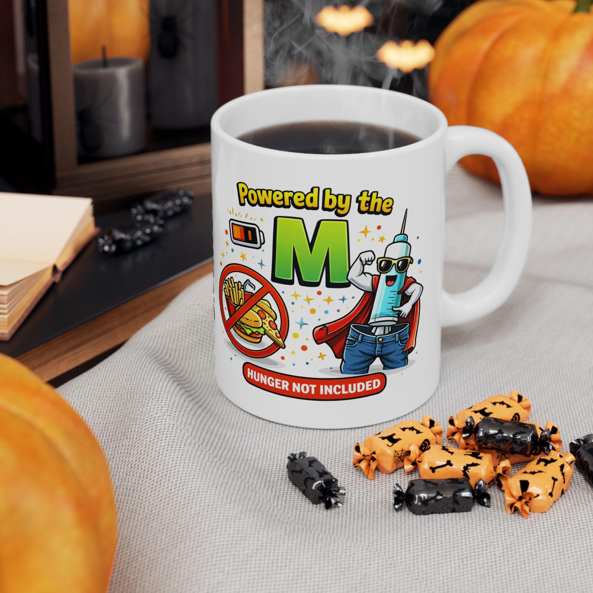 Personalised Funny Weight Loss Jab Mug, Powered By The M, 11oz Ceramic Cup