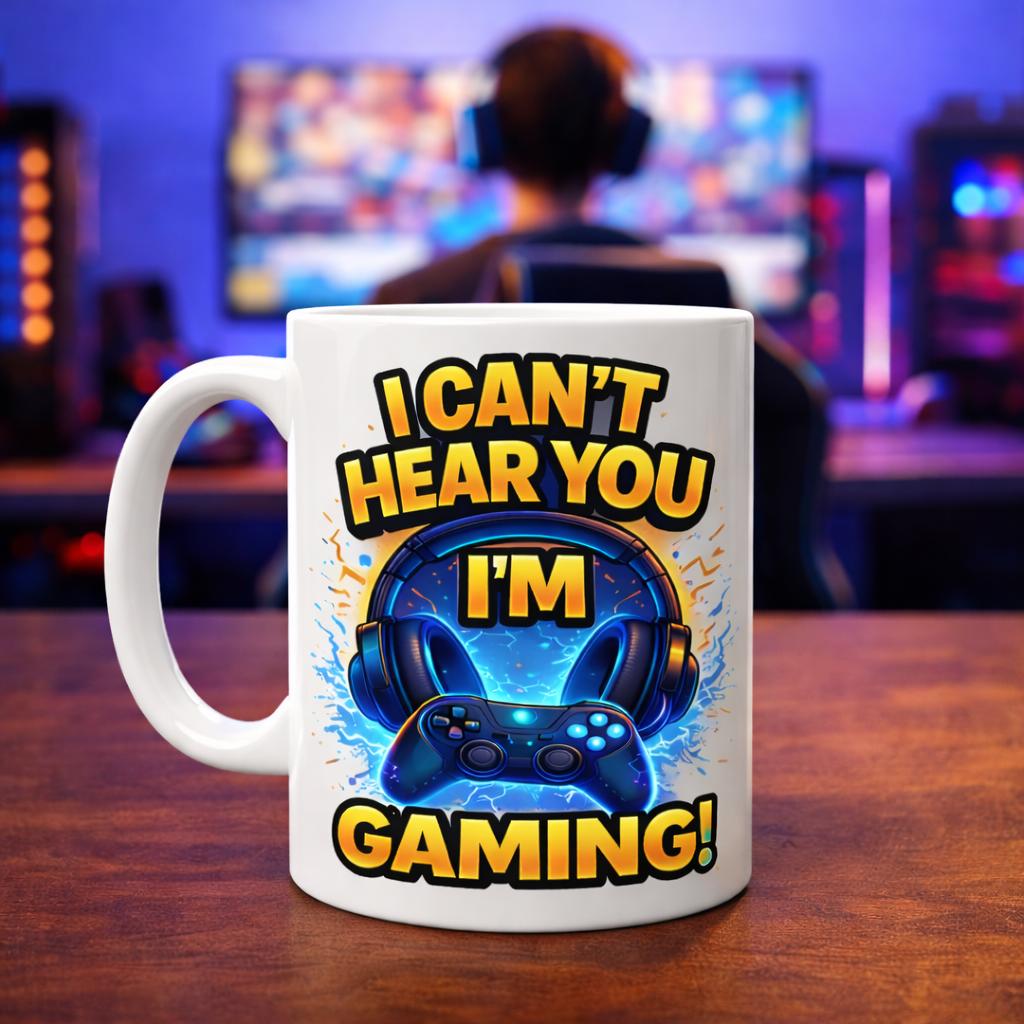 Personalised Funny Gamer Coffee Mug 'I Can't Hear You I'm Gaming', 11oz Cup, Teenager, Teens, Games Console, Ceramic