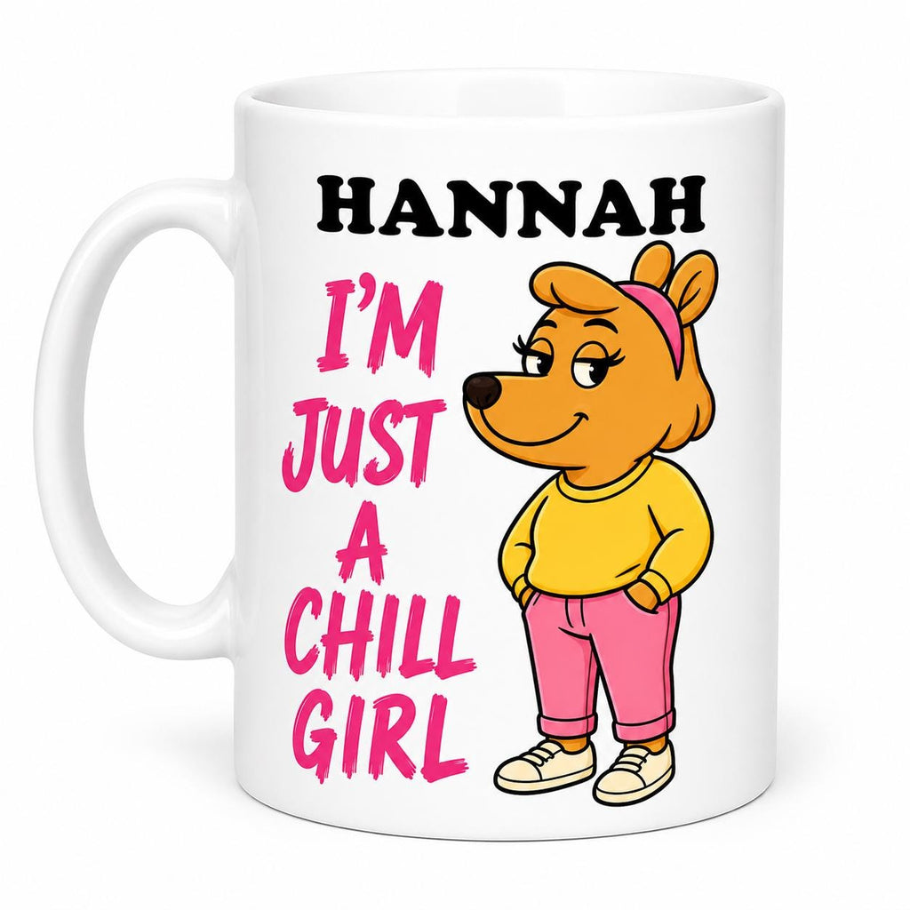 Personalised Chill Girl Mug, Novelty Gift, Pink Heart, 11oz Ceramic