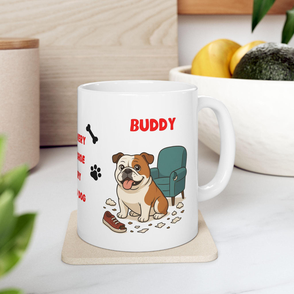 Personalised English Bulldog dog Mug: chewing shoes quote funny.
