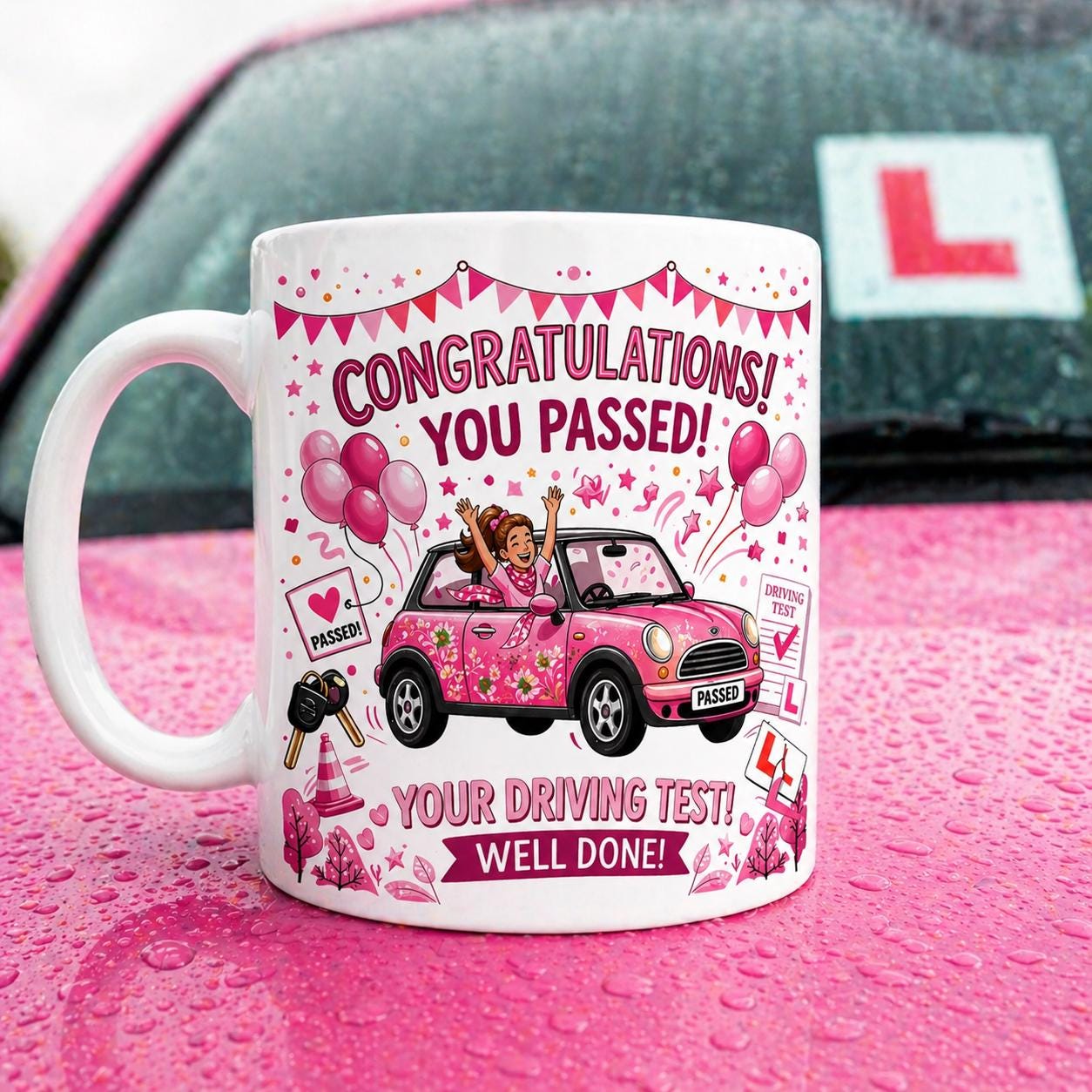 Passed driving test mug, gift, her, xmas, birthday, New driver, fun, car, personalised, pink