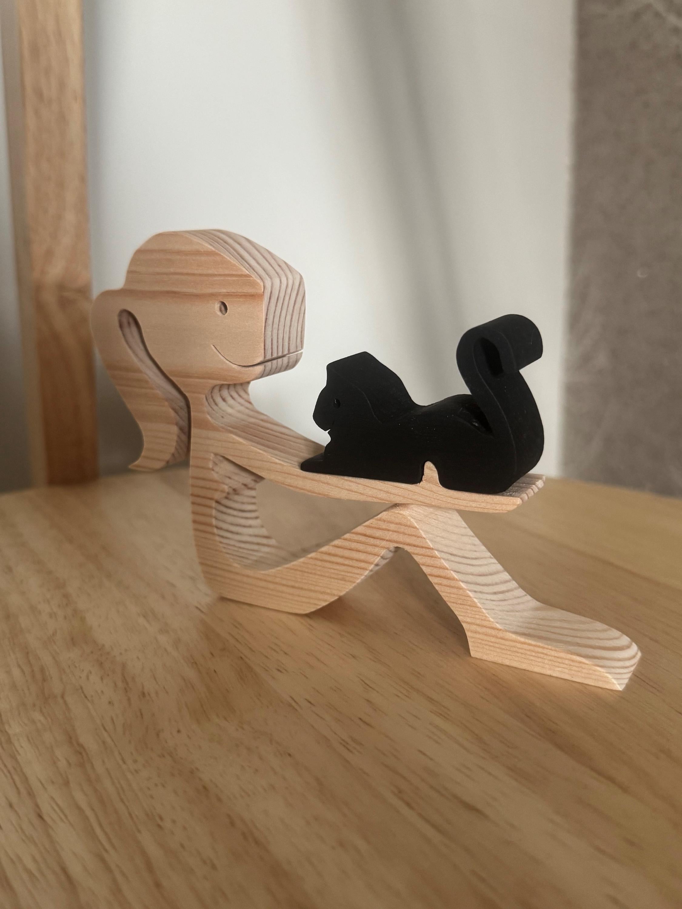 Woman and black cat wooden figure, Hand made.