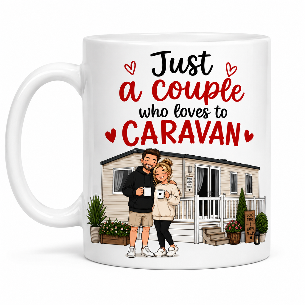 Personalised Funny Caravan Couple Mug – Static Caravan or Touring Caravan Design – Gift for Caravan Lovers – Camping Couple Coffee Mug – UK Made Ceramic Mug 11oz