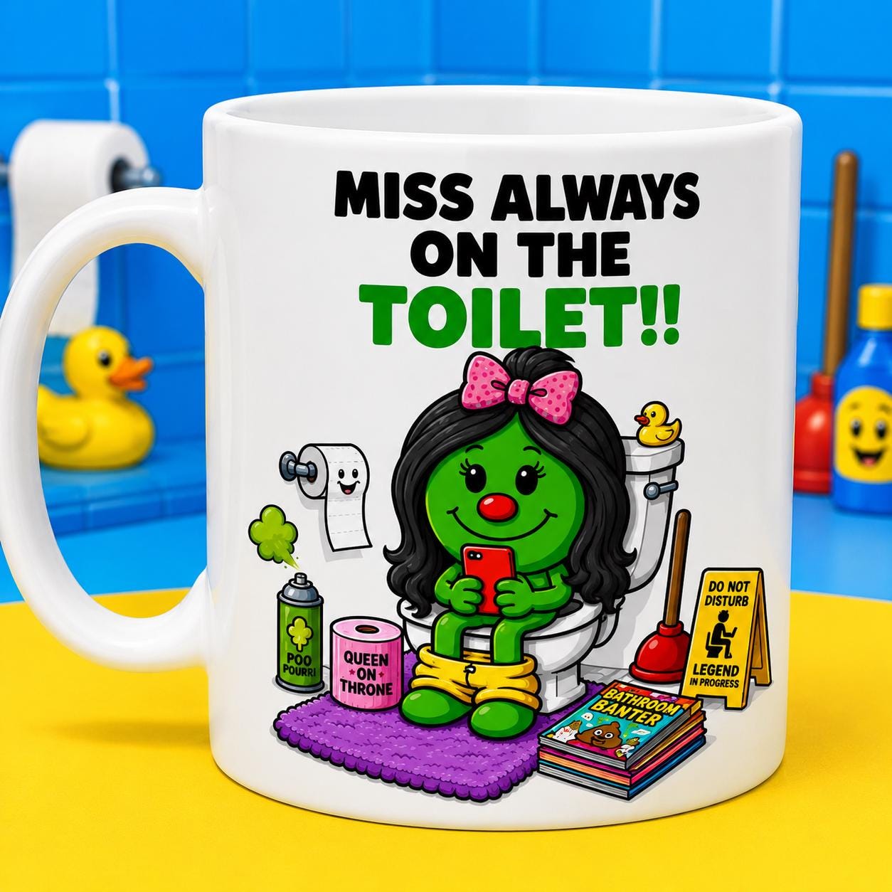 Personalised "Miss Always on the Toilet" Mug, Funny Novelty Gift, 11oz Ceramic Coffee Cup