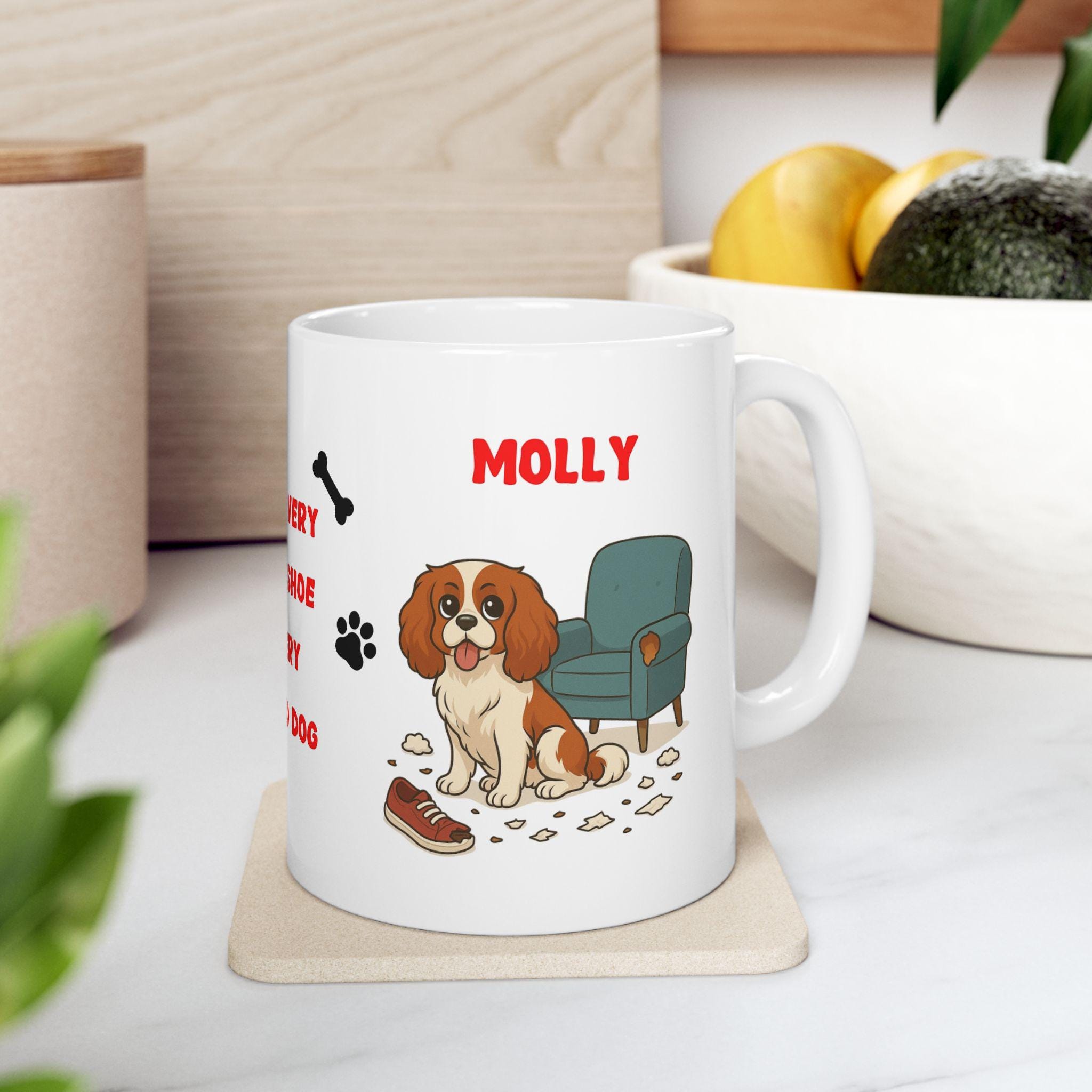 Personalised Cavalier King Charles dog Mug: chewing shoes quote funny.