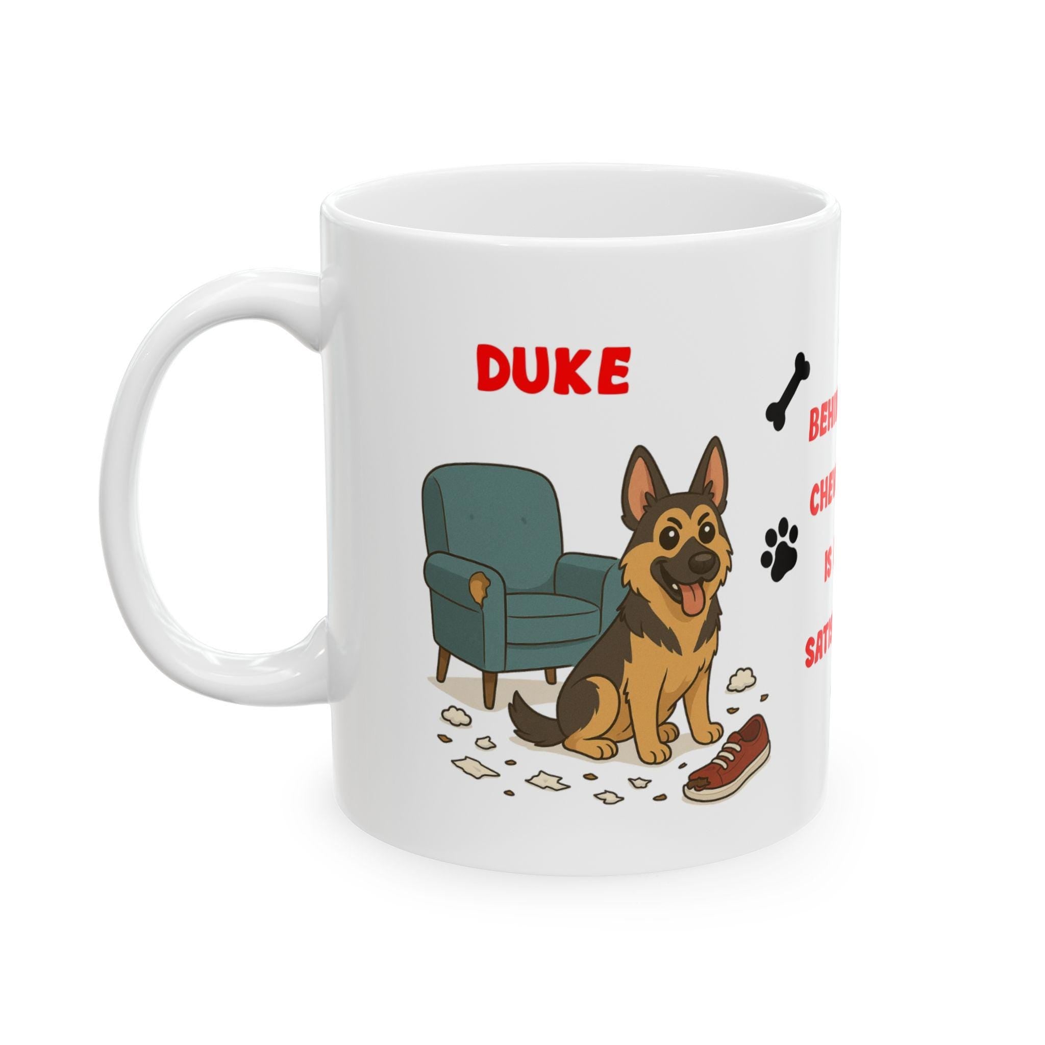 Personalised German shepherd dog Mug: chewing shoes quote funny.