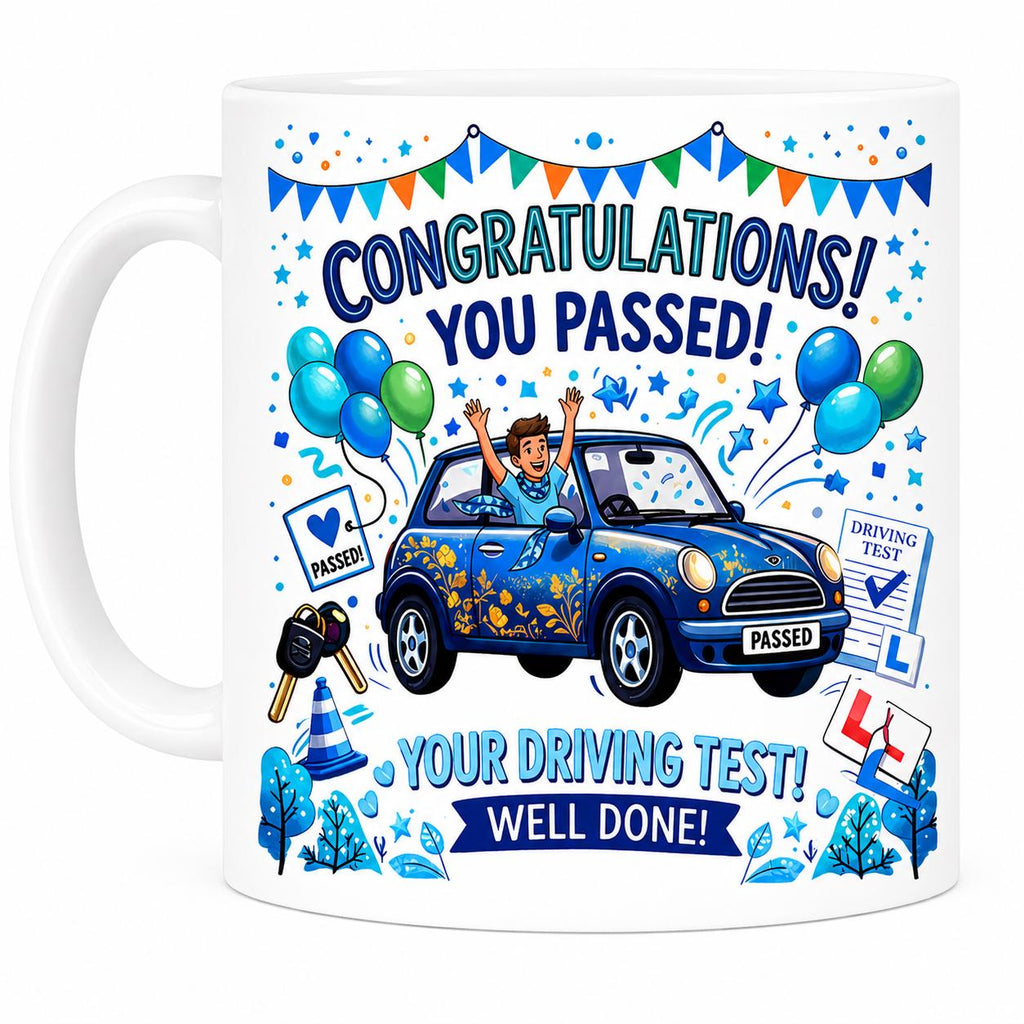 Passed driving test mug, gift, him, New driver, fun, car, personalised, blue
