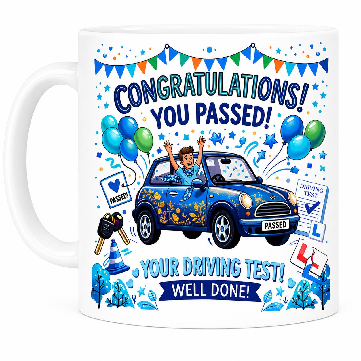 Passed driving test mug, gift, him, New driver, fun, car, personalised, blue
