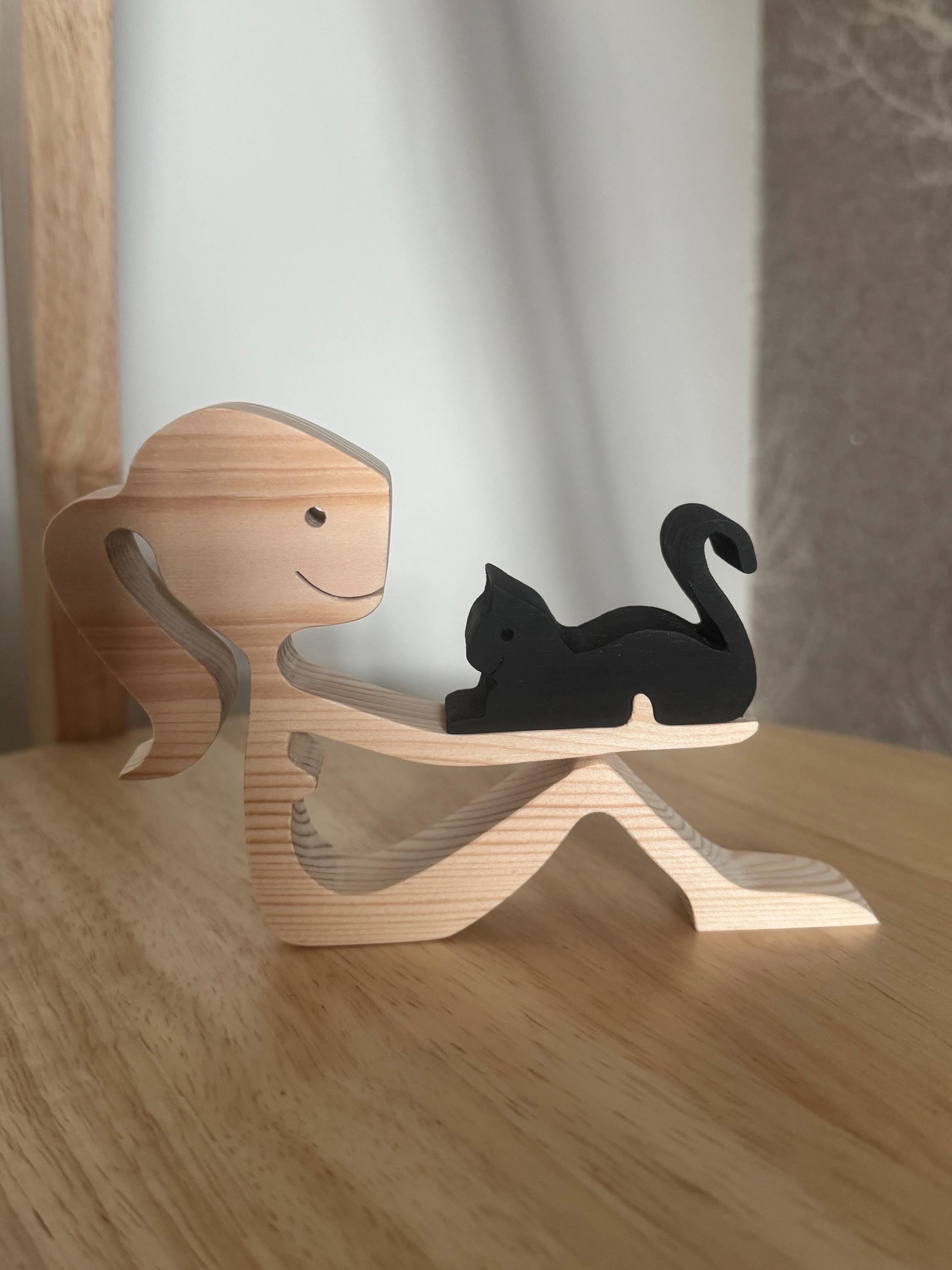 Woman and black cat wooden figure, Hand made.