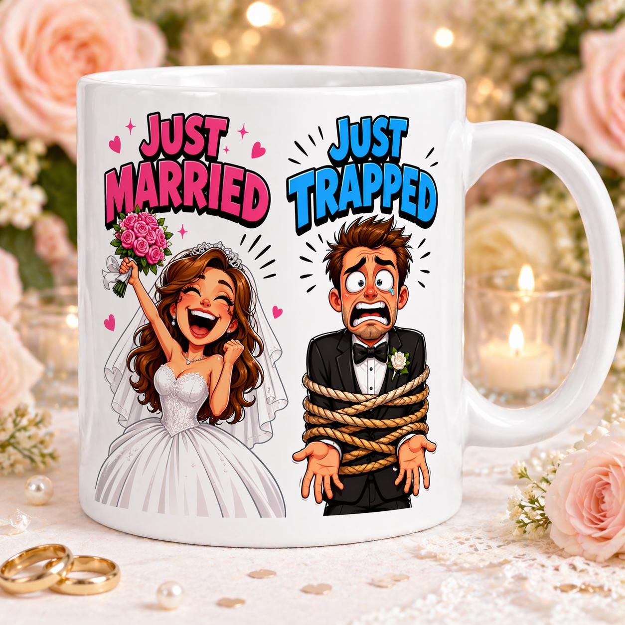 Wedding just married just trapped, funny, satire, sarcastic, personalised.