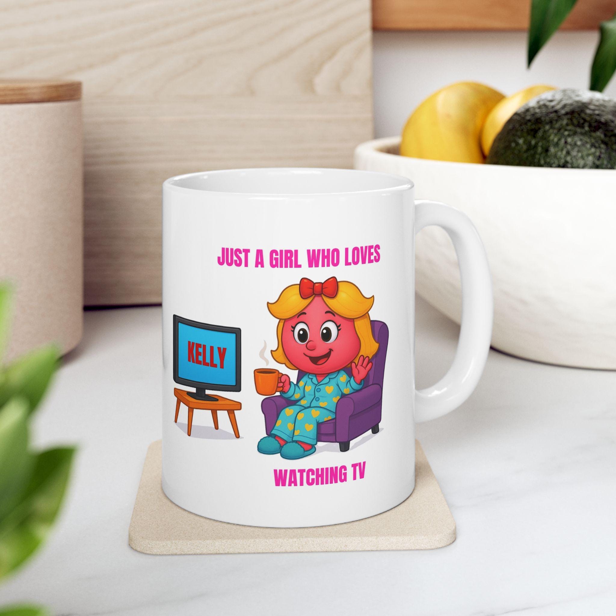 Personalised TV Watching Mug, Cartoon Girl Gift