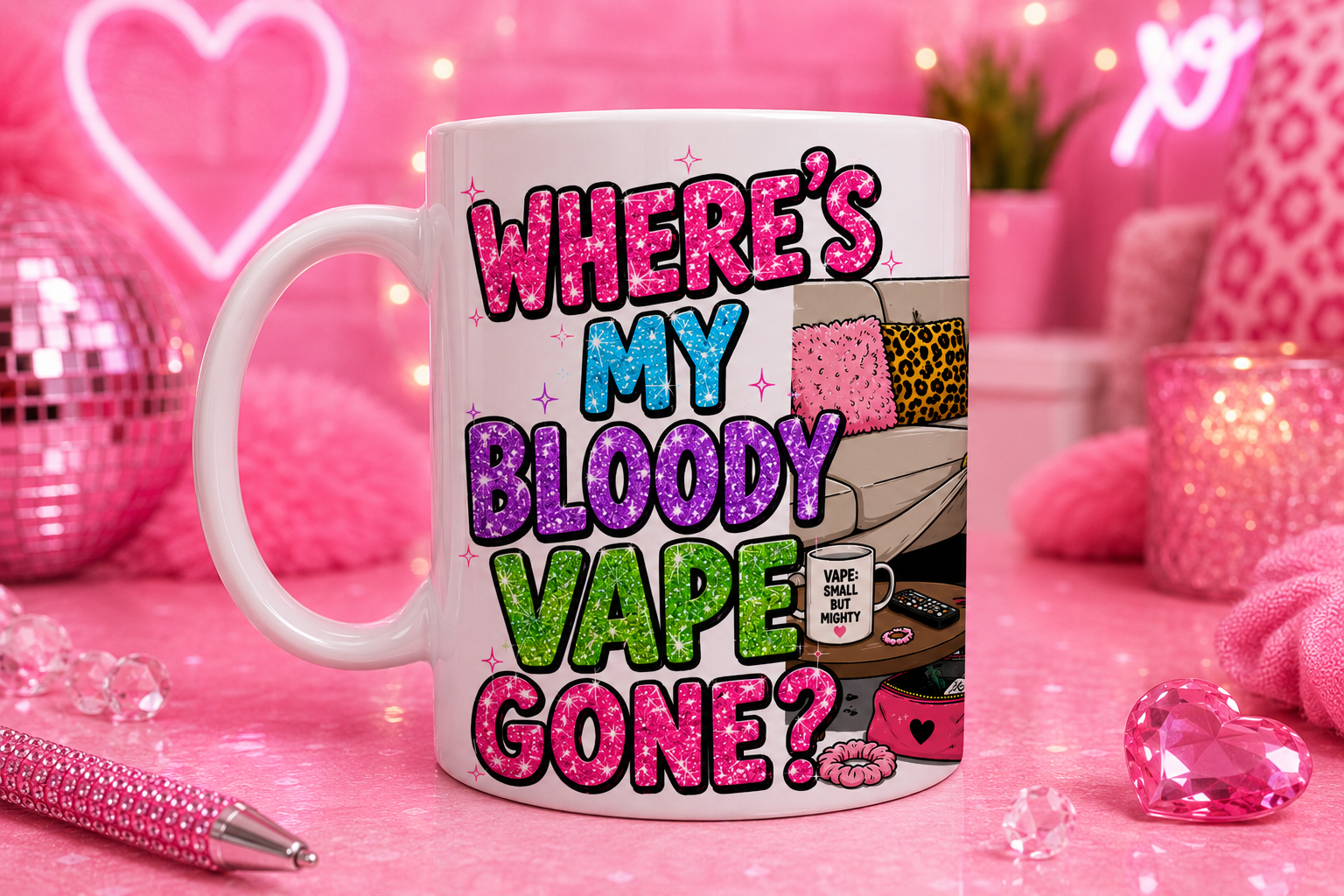 Where’s My Bloody Vape Gone? Glitter Cartoon Mug | Funny Pink Coffee Mug | Gift for Vape Lovers, 11oz mug.