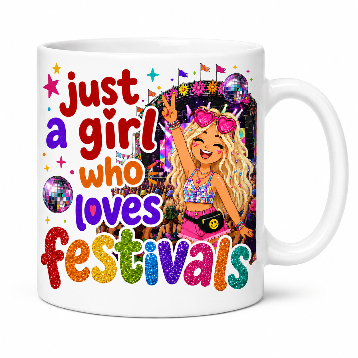 Just A Girl Who Loves Festivals Mug – Blonde or Brown Hair Option – Festival Lover Gift – Colourful Glitter Style Coffee Mug – Music Festival Cup, 11oz