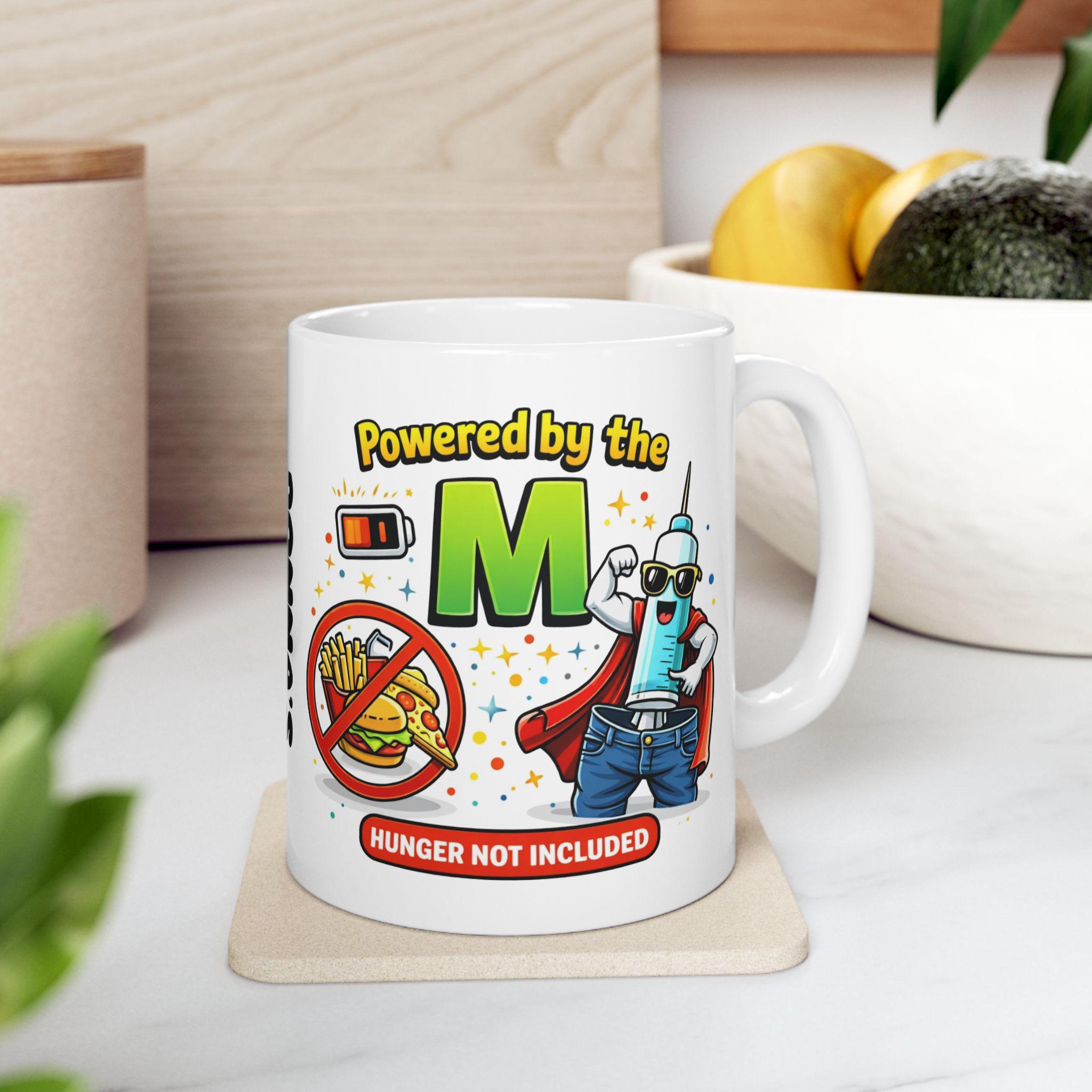Personalised Funny Weight Loss Jab Mug, Powered By The M, 11oz Ceramic Cup