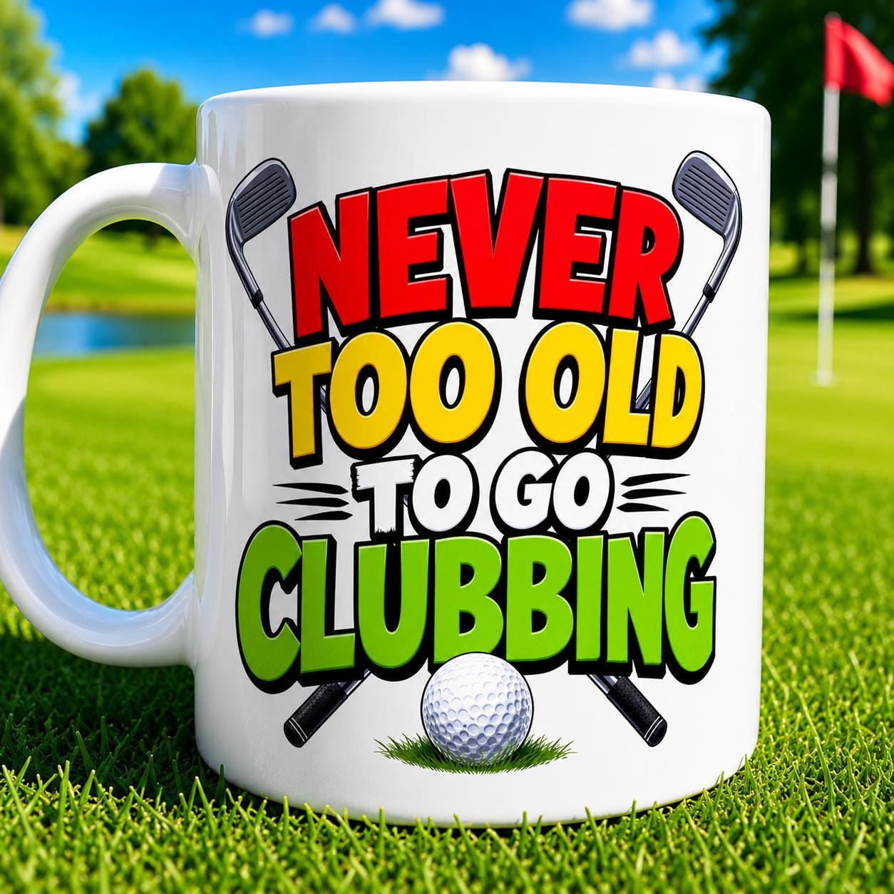 Personalised Funny Golf Golfers Mug, Never Too Old To Go Clubbing Quote, 11oz Ceramic Coffee Cup