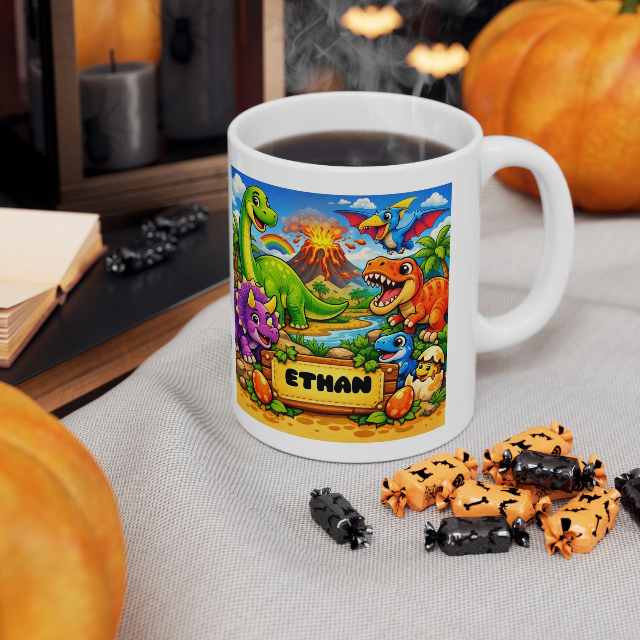 Personalised Children's Dinosaur Mug, 11oz Ceramic, Boy, Girl, Colurful