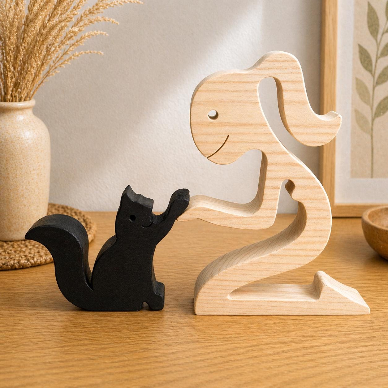 Woman and black cat Wooden sculpture, Hand made, Gift, unique, Craftmanship, Animal.