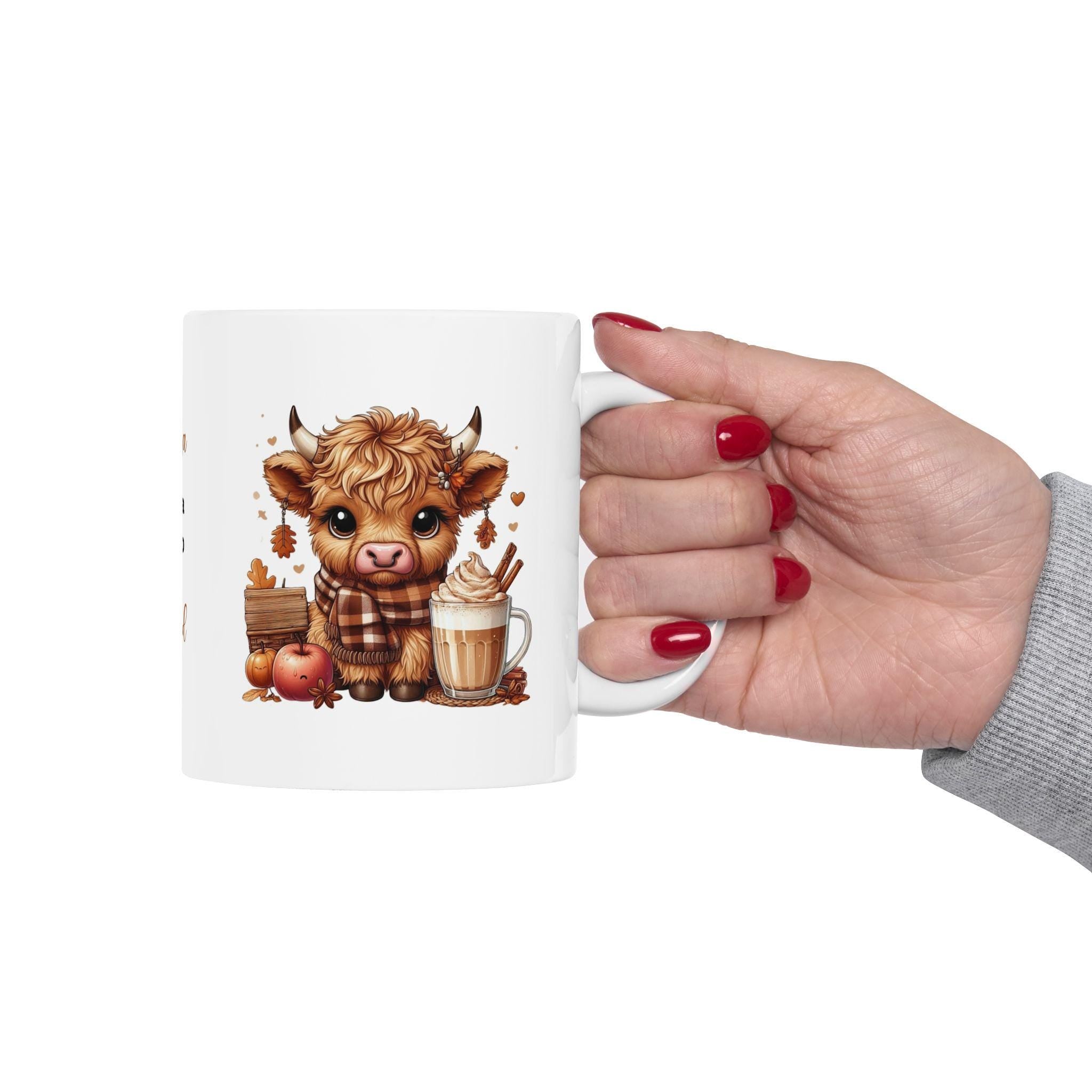 Personalised Highland Cow Mug, Autumn Cozy Drink Illustration 11oz Ceramic Coffee Cup Drinkware Washable