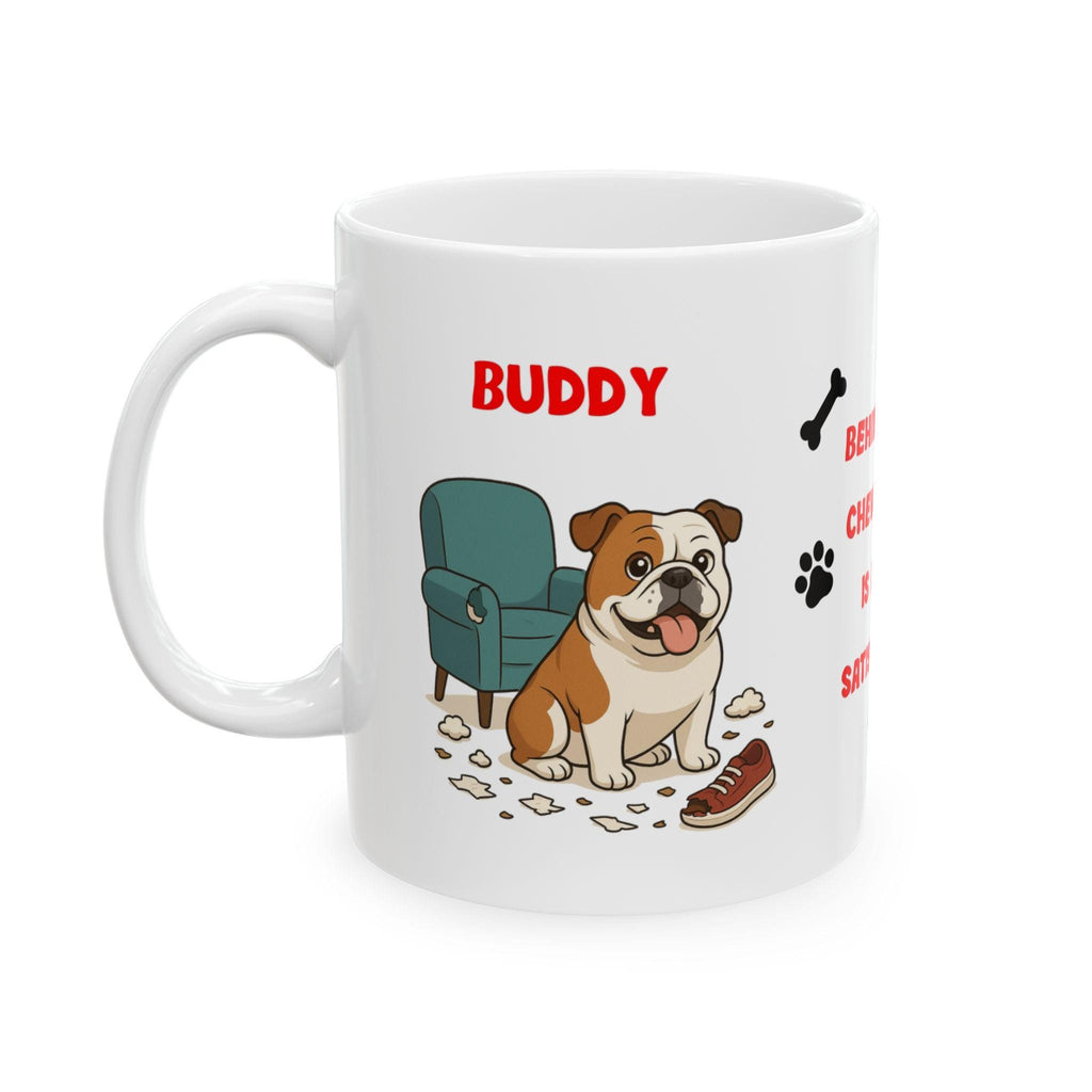 Personalised English Bulldog dog Mug: chewing shoes quote funny.
