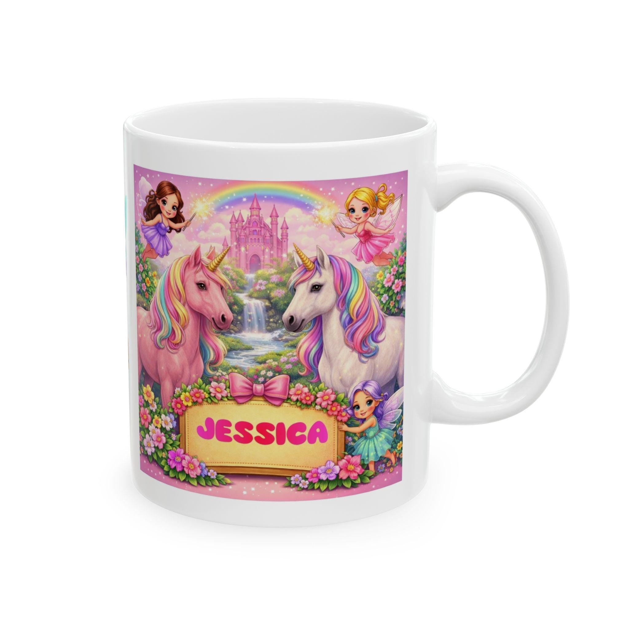 Personalised Children's Unicorn & Fairy Mug, 11oz Ceramic, Pink, Girl