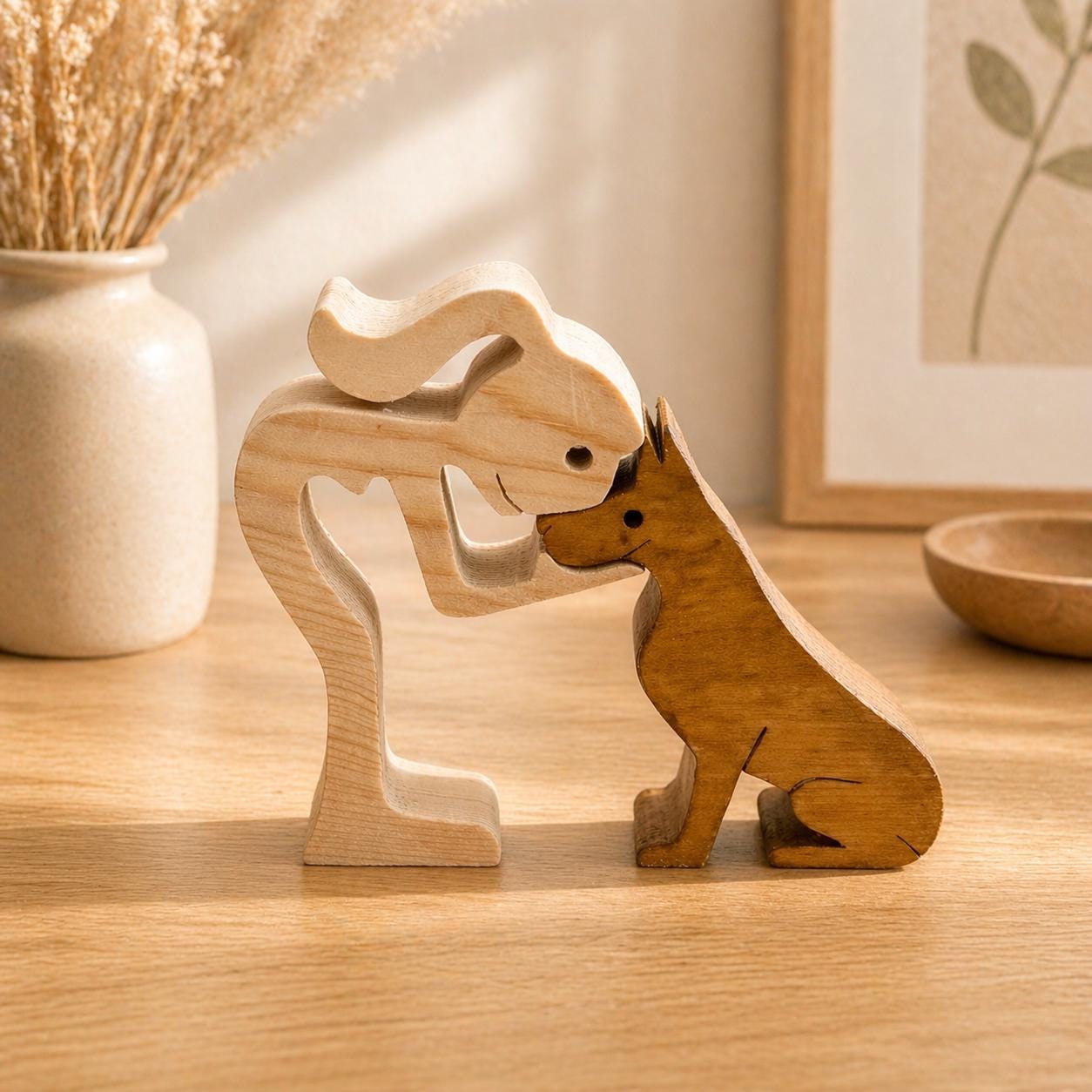 Woman and dog wooden figure, Hand made.