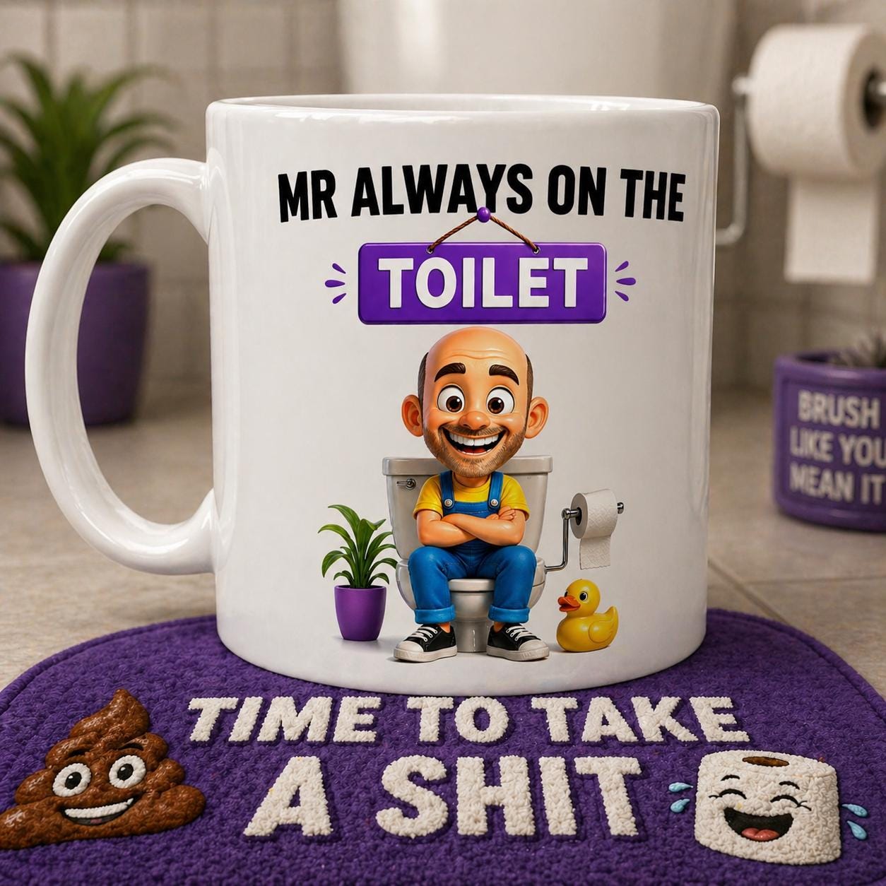 Mr always on the toilet, bald mug, personalised, gift, cute, fun, toilet, W\C
